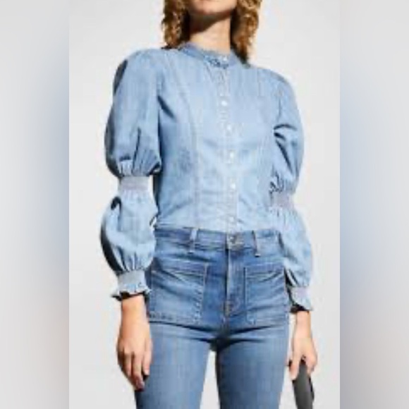 VERONICA BEARD JEANS Dalton Smocked Sleeve Denim Chambray Shirt Sz 2 boho wester - Picture 7 of 7
